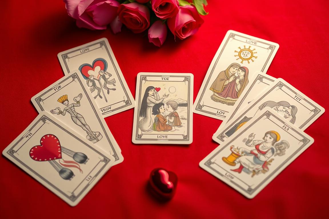 Tarot do Amor com cartas dispostas em formato de coração em fundo vermelho suave
