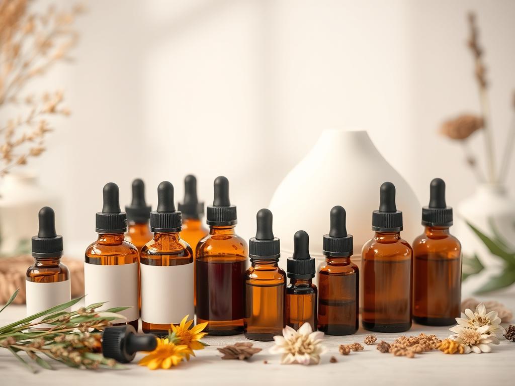 Óleos essenciais e difusor utilizados em aromaterapia