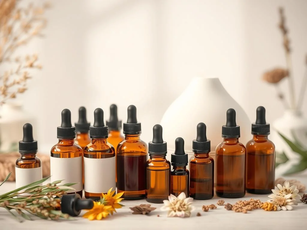 Óleos essenciais e difusor utilizados em aromaterapia