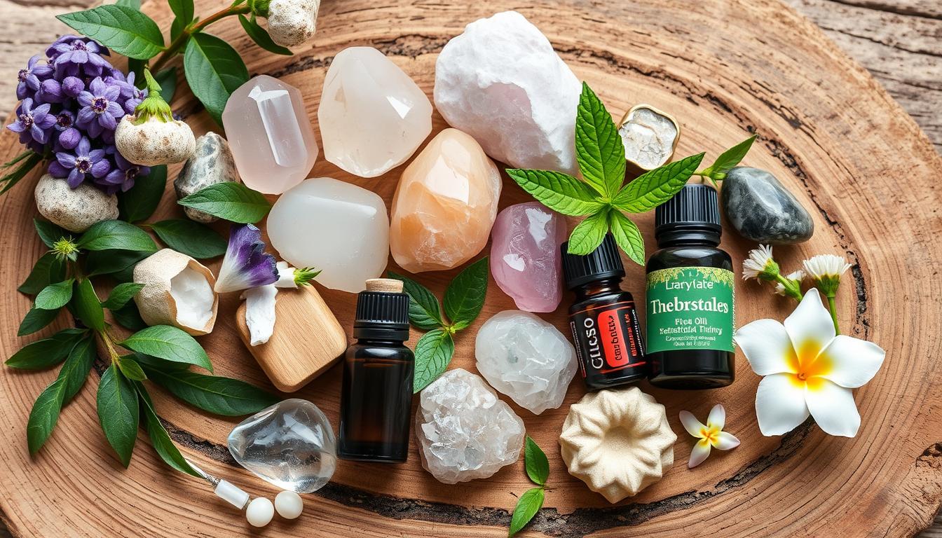 Arranjo de elementos de terapias holísticas como cristais, óleos essenciais e plantas