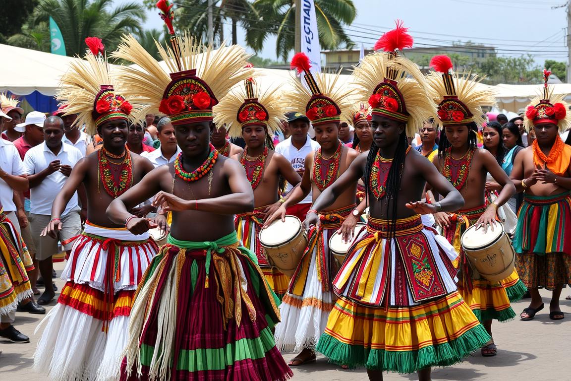 Festa pública de candomblé com dança de orixás incorporados