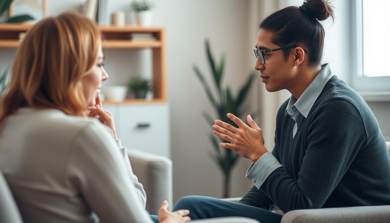 Pessoa em sessão de terapia ou autoconhecimento emocional