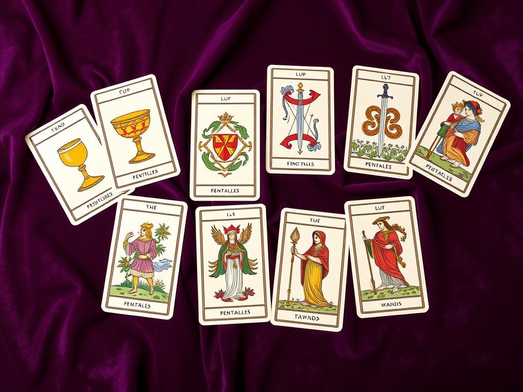 Os quatro naipes dos Arcanos Menores do Tarot dispostos por grupos: Copas, Ouros, Espadas e Paus