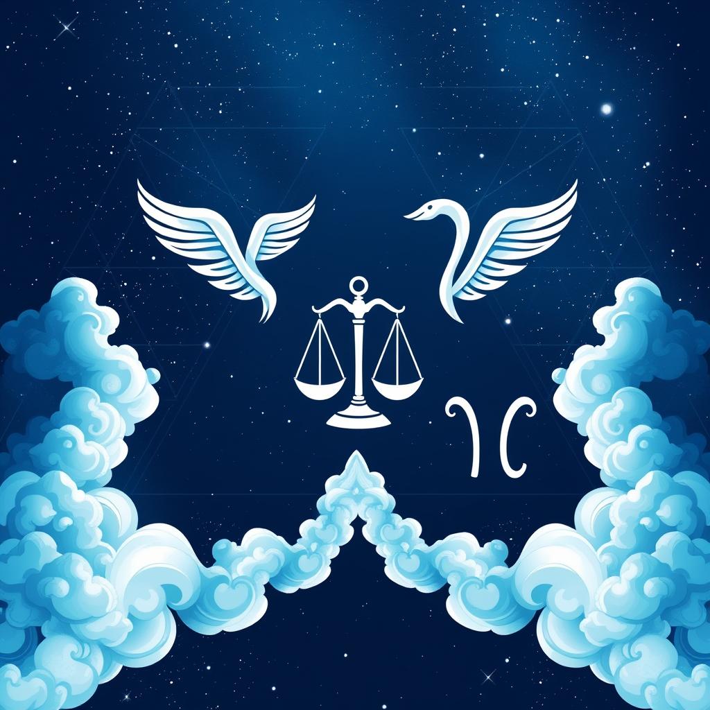 Elemento Ar e sua influência no horoscopo mensal com símbolos de Gêmeos, Libra e Aquário