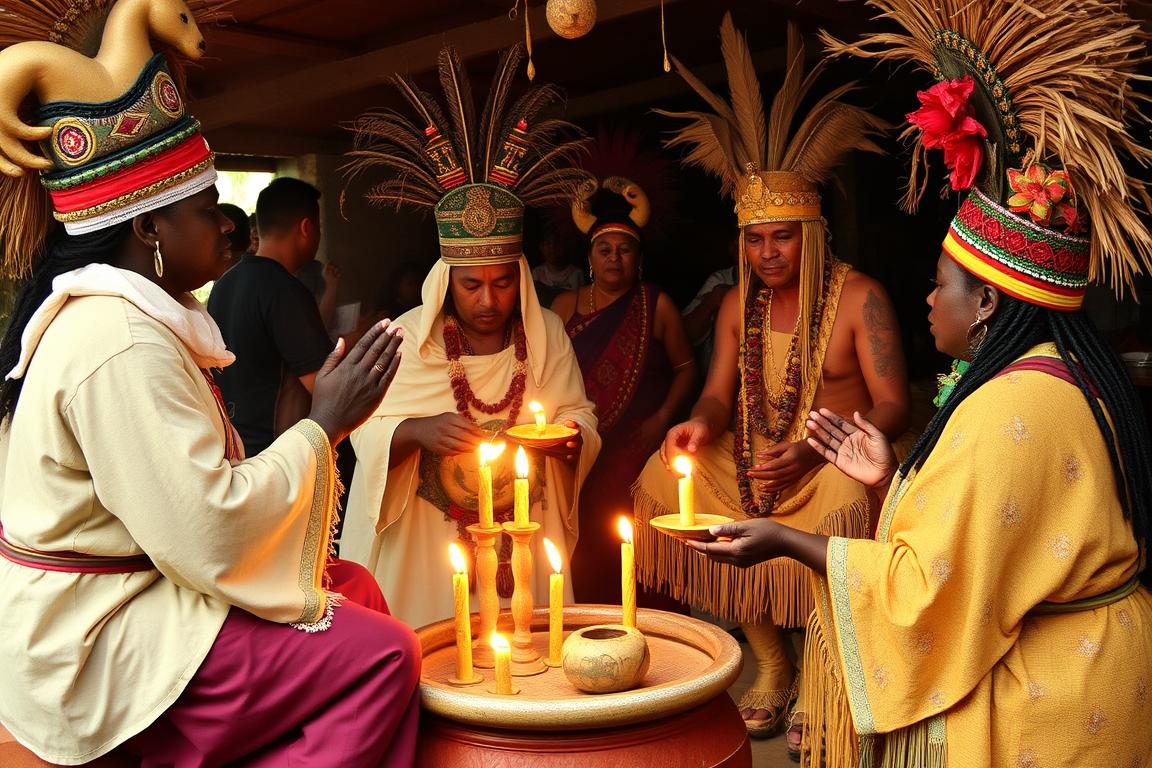 Gira de umbanda com médiuns e entidades espirituais como pretos-velhos e caboclos
