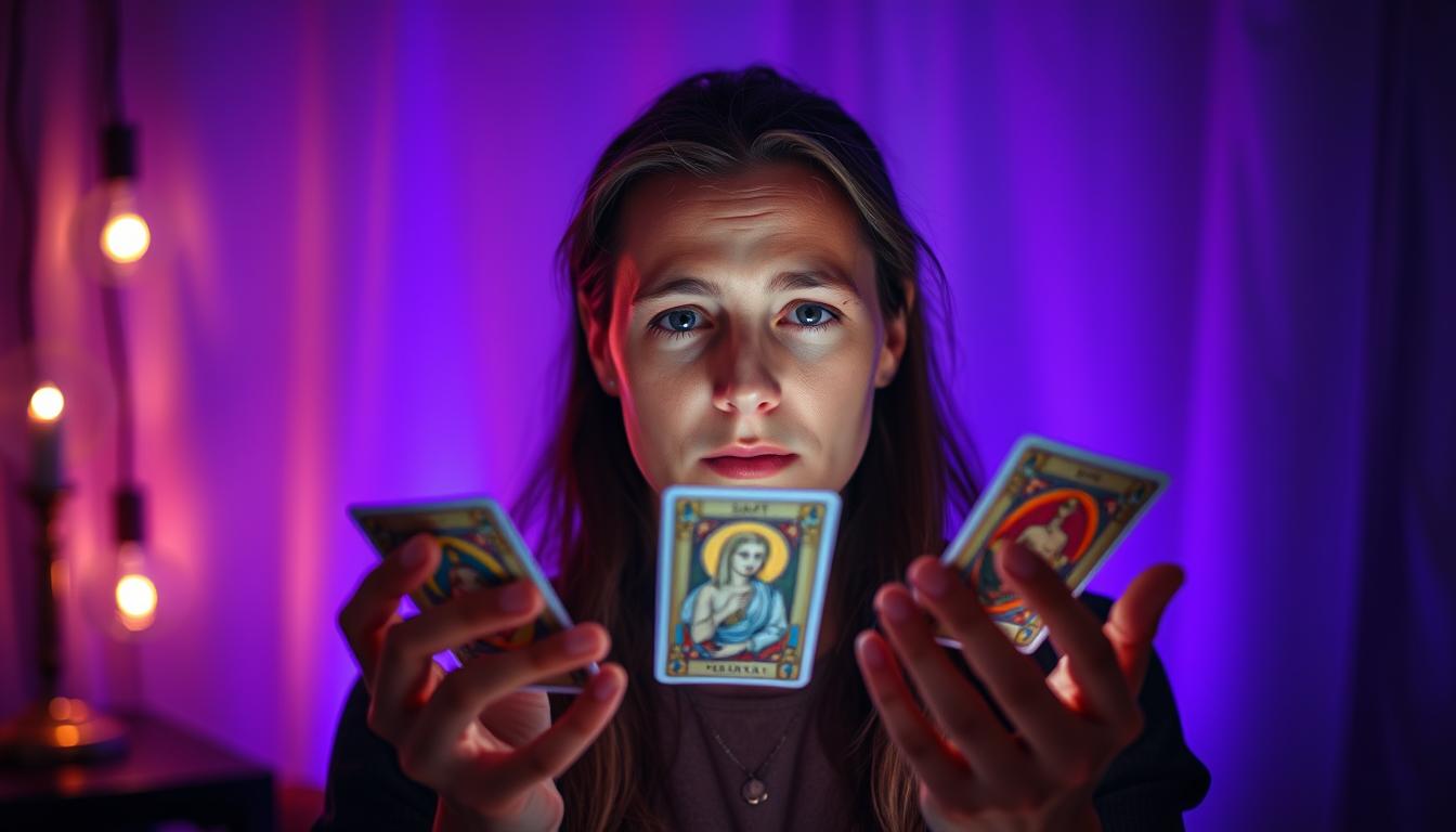Pessoa contemplando cartas de tarot virtuais com expressão de descoberta e iluminação