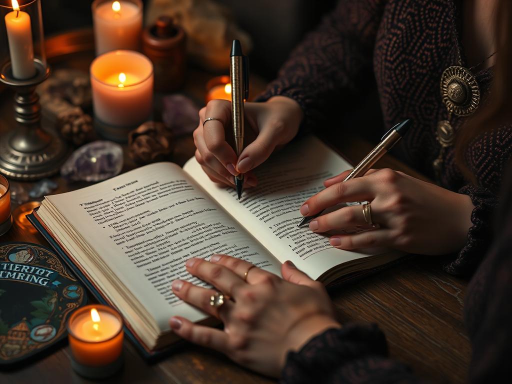 Pessoa anotando insights de uma leitura de tarot online em um caderno com velas e cristais ao redor