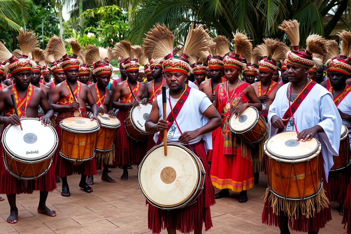Ritual de Tambor de Mina no Maranhão com tambores e dançantes