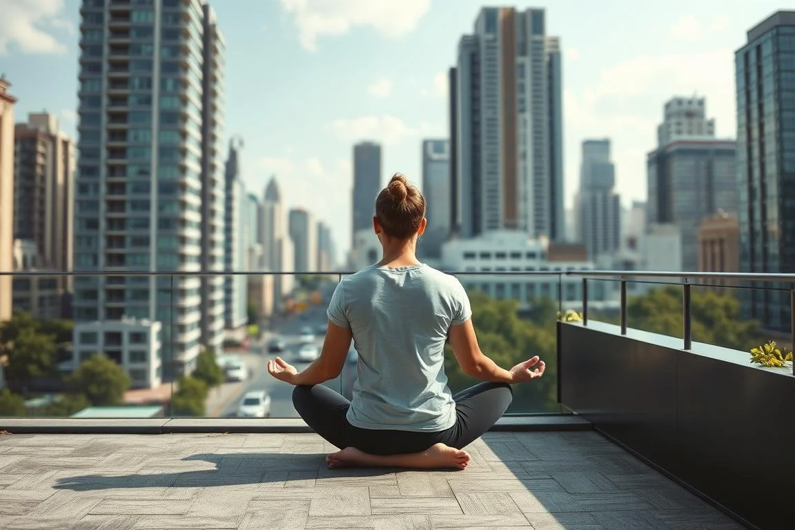 Pessoa praticando meditação em ambiente urbano moderno