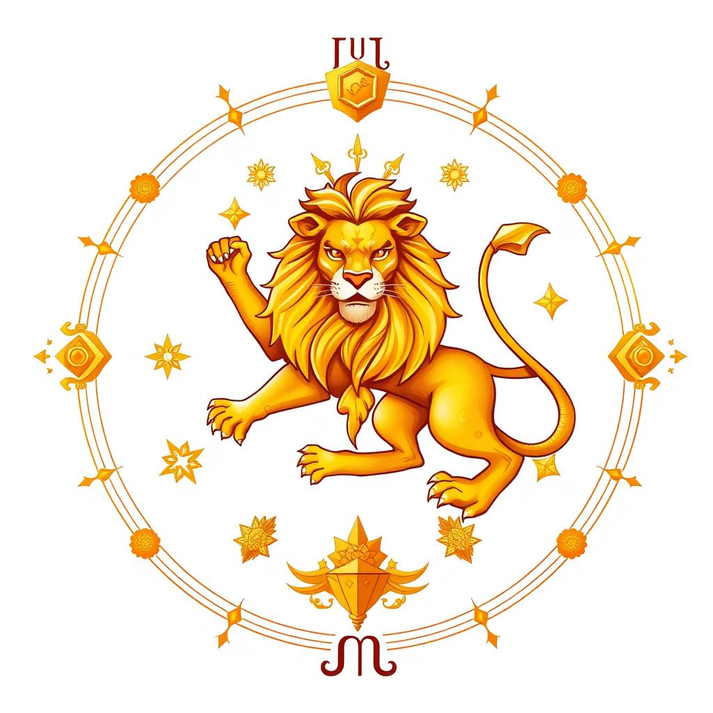 Símbolo de Leão com elementos que representam o horoscopo mensal para este signo