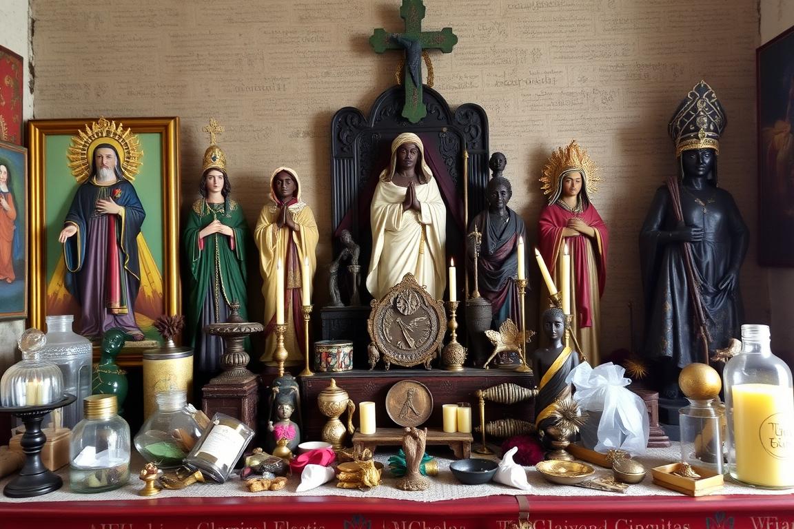 Altar de Santería cubana com símbolos sincréticos e oferendas aos orixás