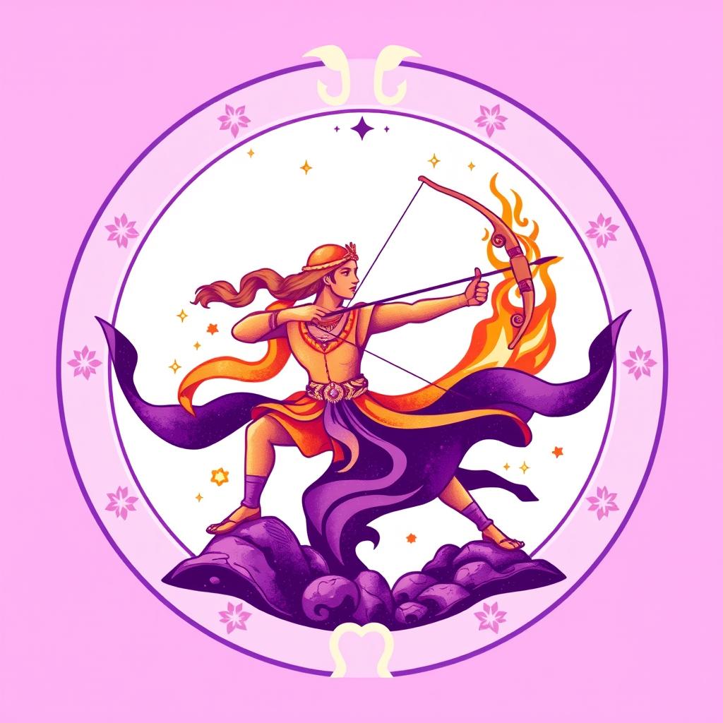 Símbolo de Sagitário com elementos que representam o horoscopo mensal para este signo