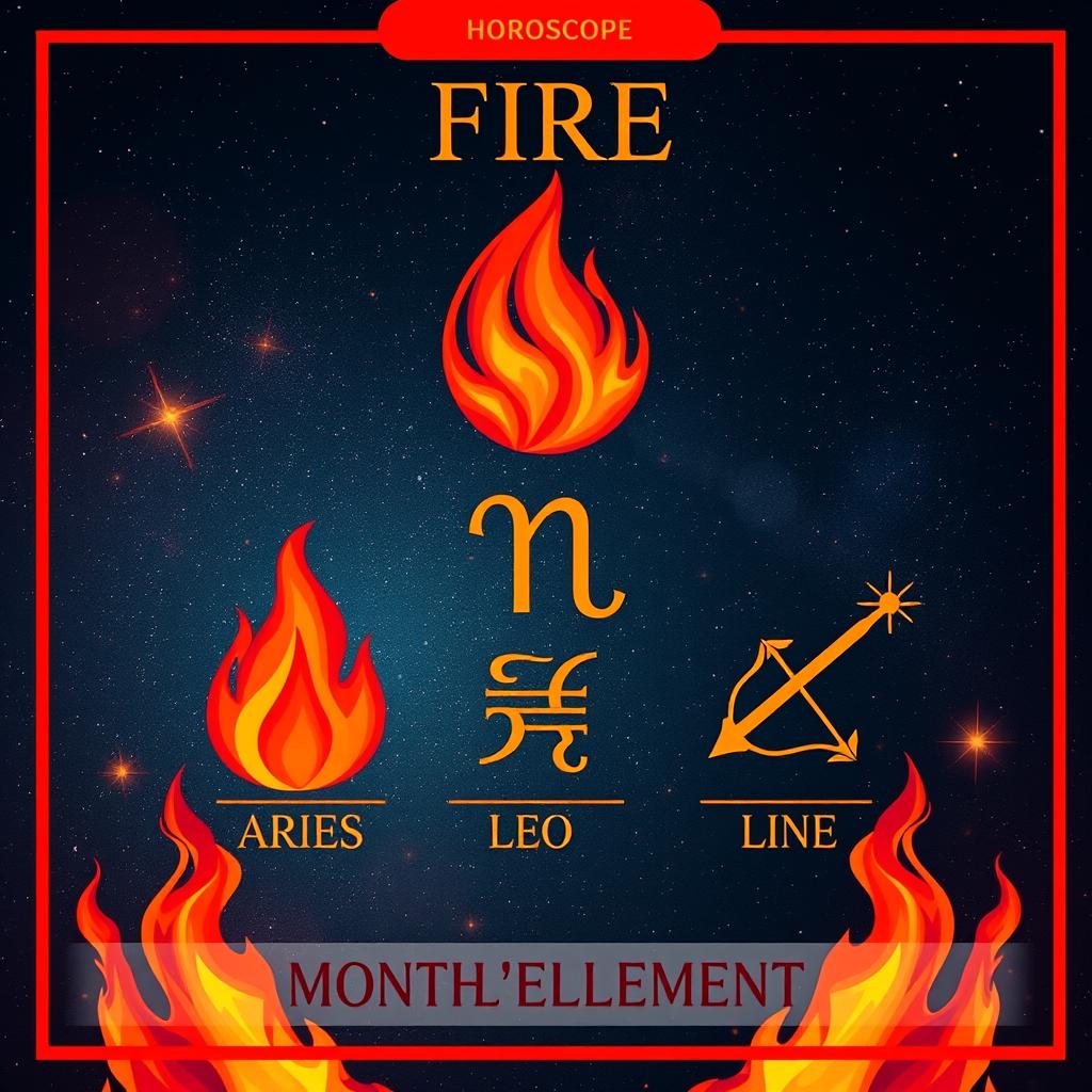 Elemento Fogo e sua influência no horoscopo mensal com símbolos de Áries, Leão e Sagitário