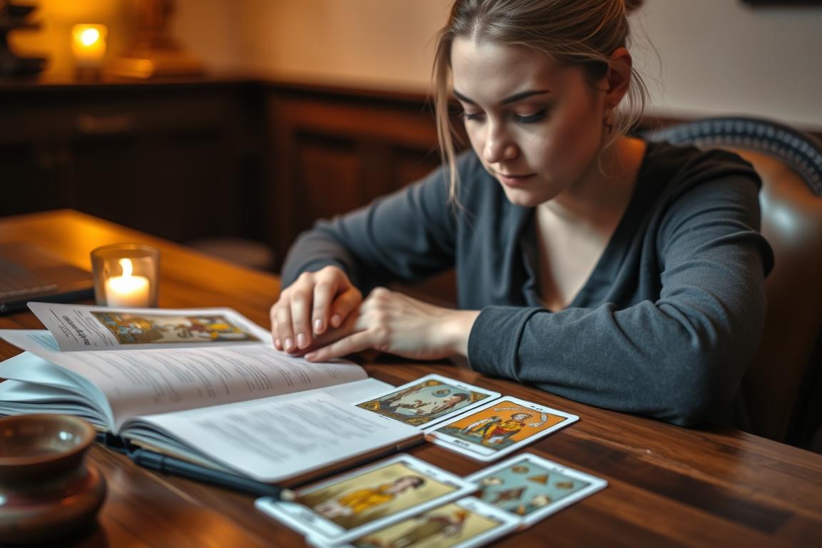 Pessoa aprendendo a interpretar cartas de tarot com livro e anotações