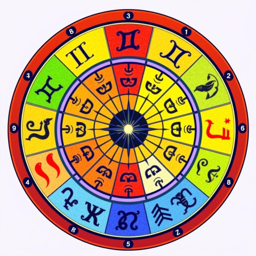 Roda do zodíaco com os doze signos e seus símbolos tradicionais