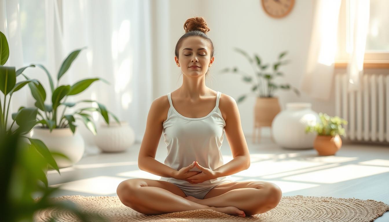 Pessoa praticando meditação em ambiente tranquilo como forma de autocuidado