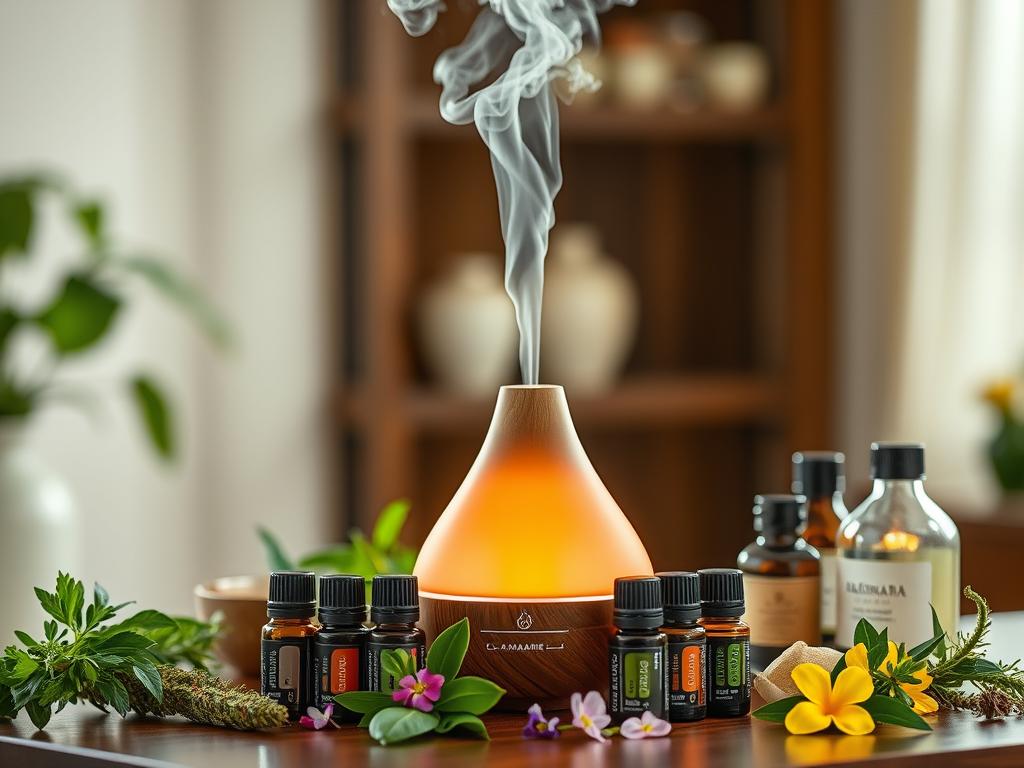 Óleos essenciais e difusor em sessão de aromaterapia