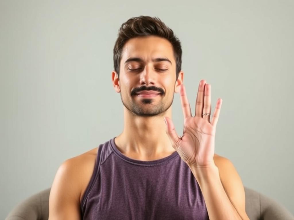 Pessoa demonstrando técnica de respiração alternada pelas narinas (Nadi Shodhana)