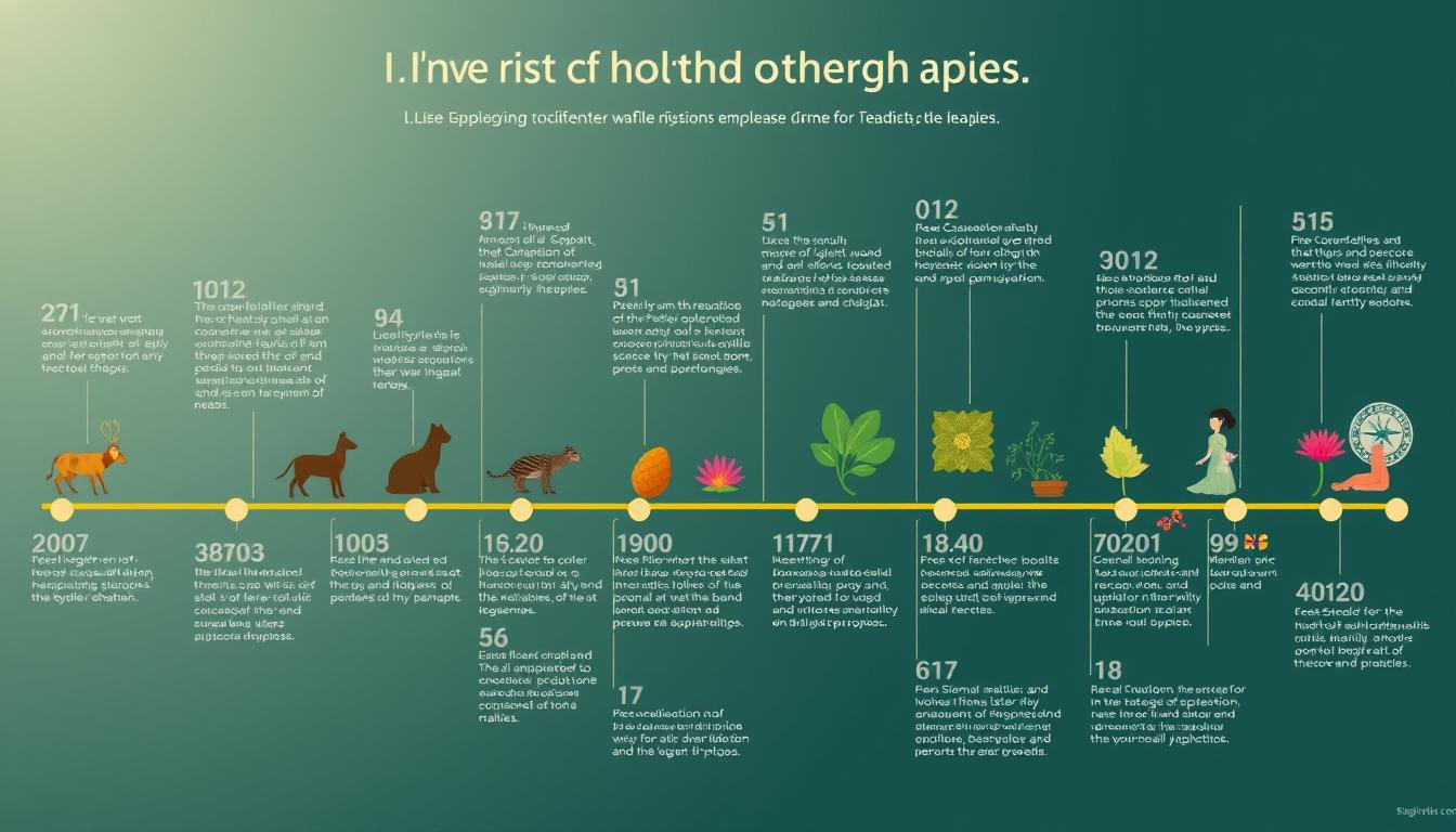 Linha do tempo mostrando a evolução das terapias holísticas através das diferentes culturas e épocas