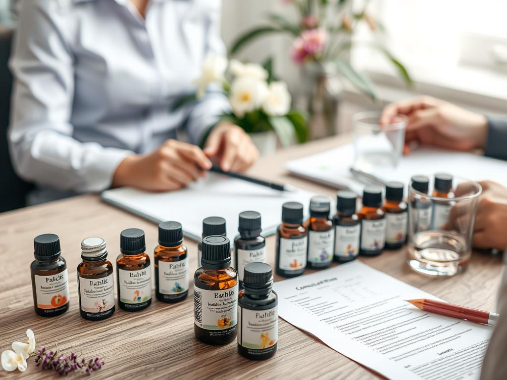 Sessão de terapia floral com frascos de essências de Bach