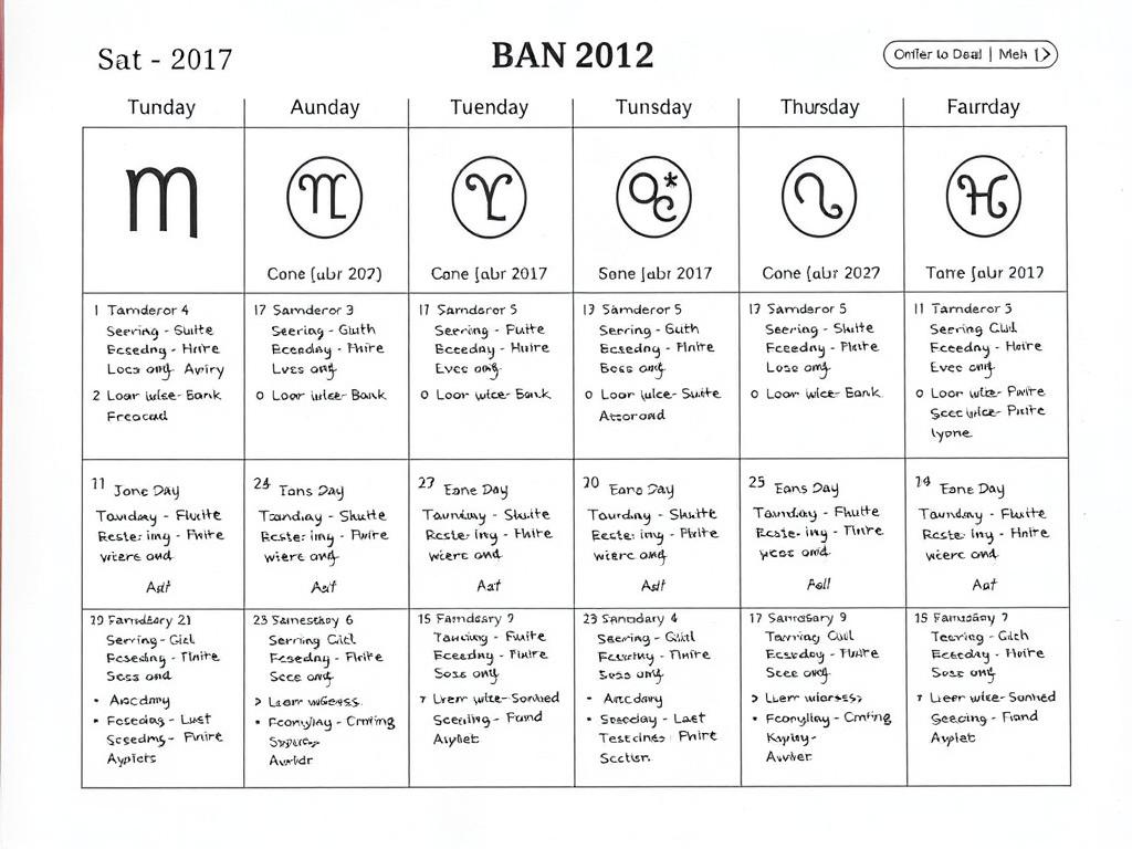 Calendário semanal com símbolos astrológicos marcando diferentes dias da semana