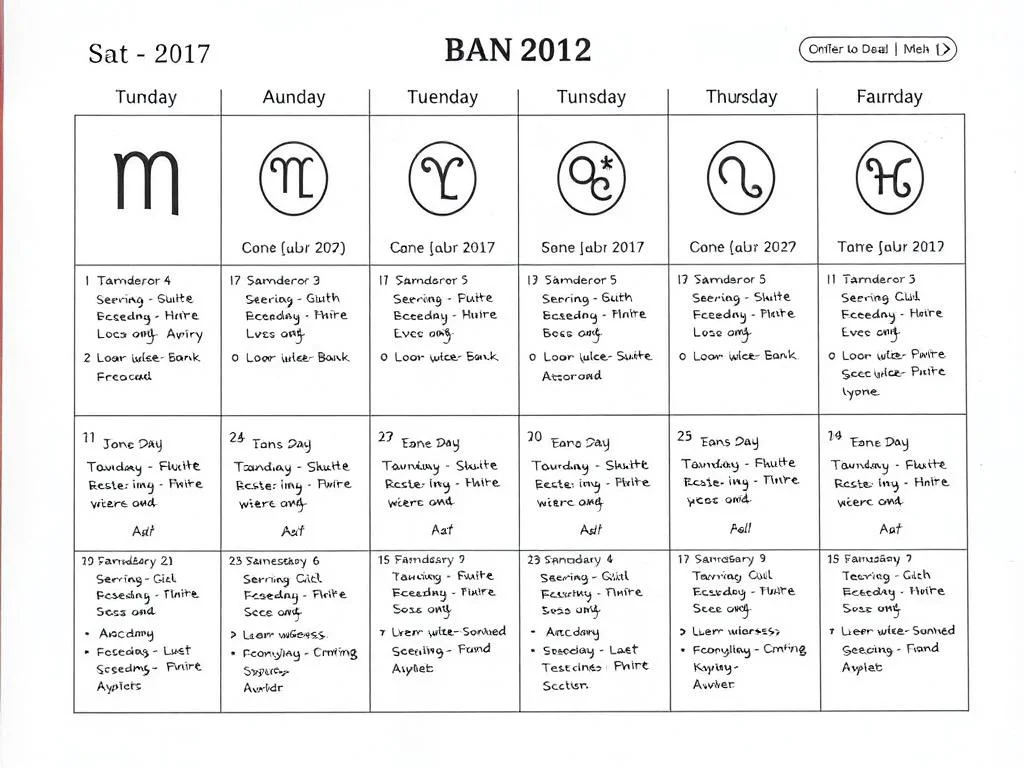 Calendário semanal com símbolos astrológicos marcando diferentes dias da semana