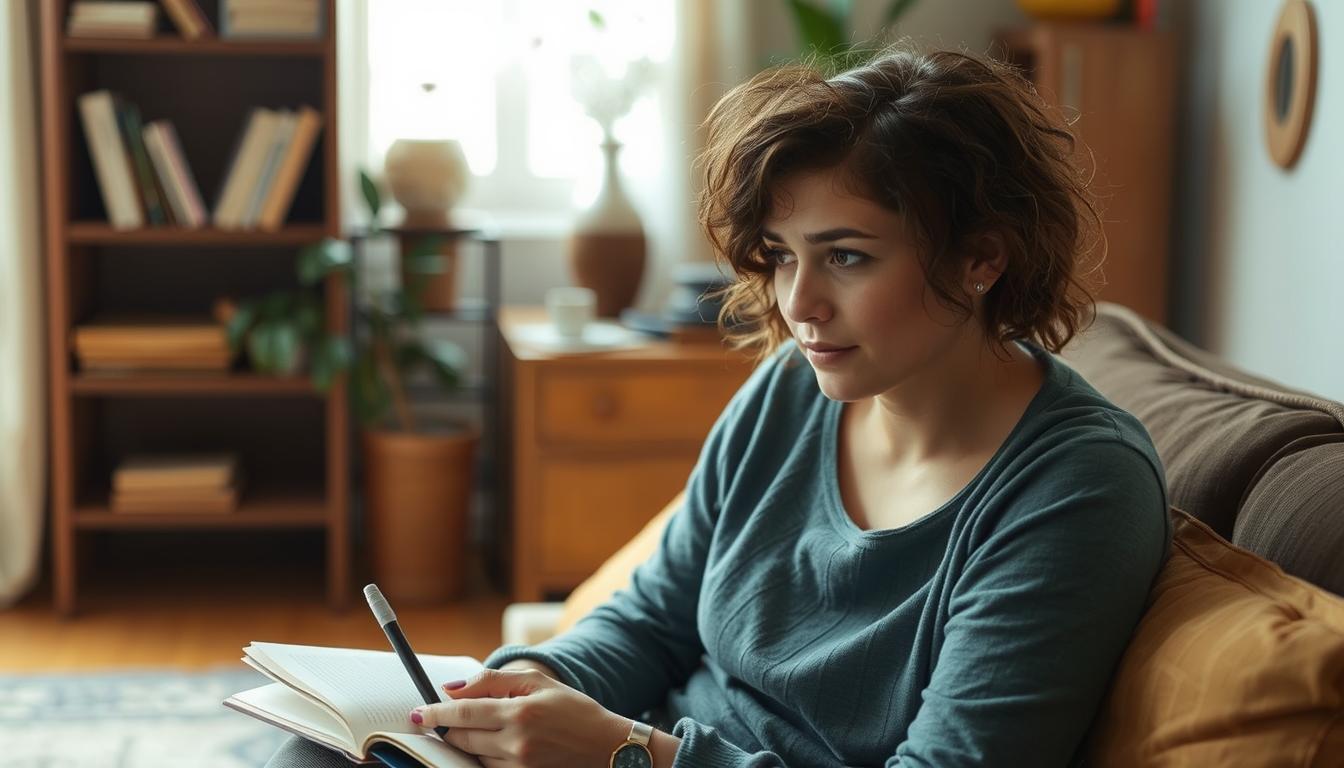 Pessoa em momento de reflexão emocional em ambiente acolhedor