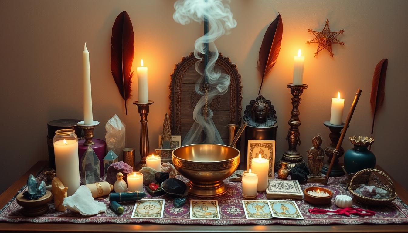 Altar espiritual com diversos objetos sagrados de várias tradições