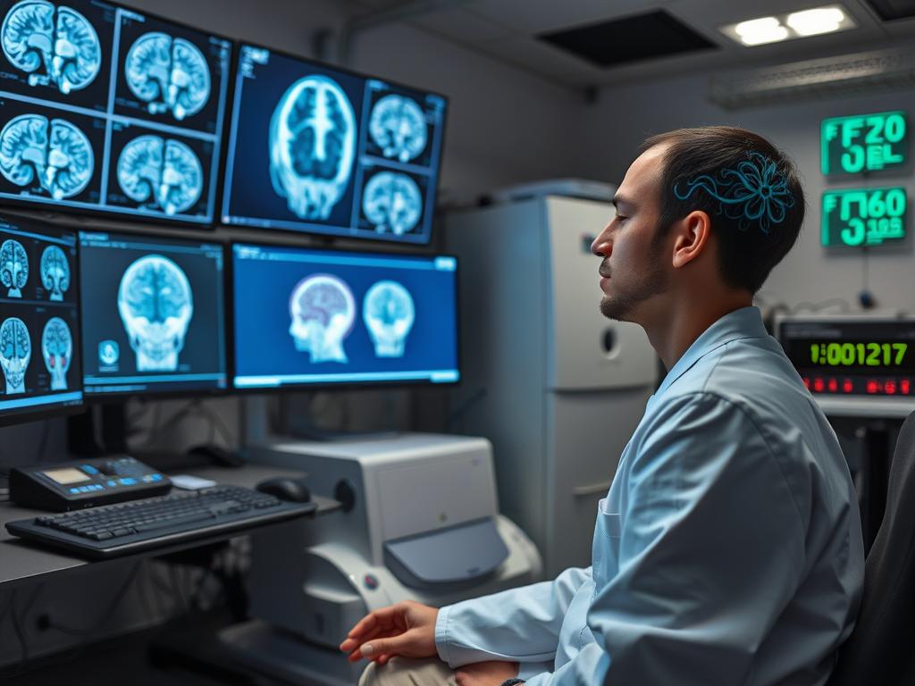 Cientista analisando padrões cerebrais durante experiências espirituais