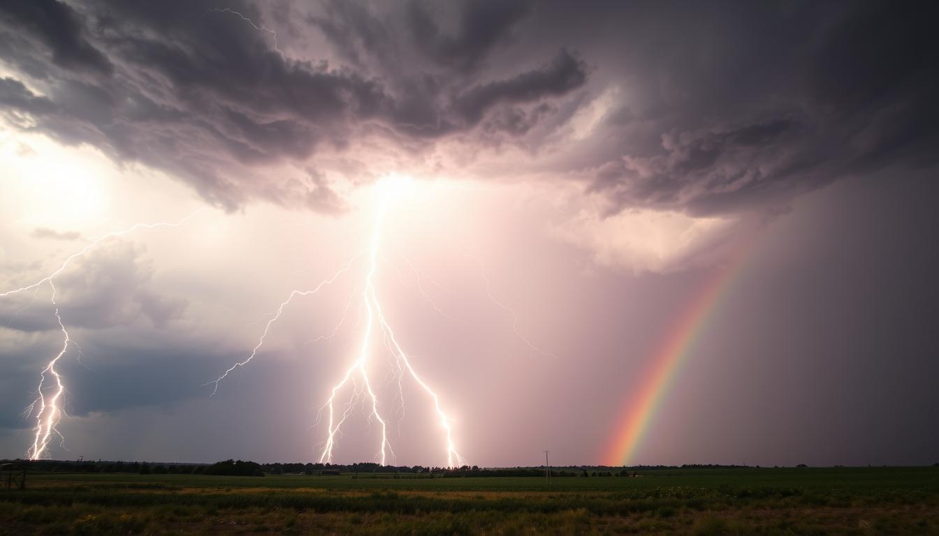 Tempestade com raios e arco-íris simbolizando transformação espiritual