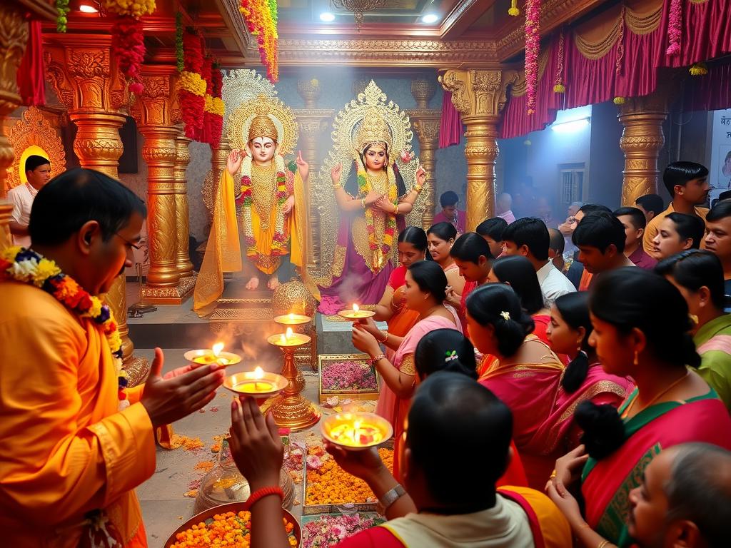 Cerimônia hindu com oferendas de flores e lâmpadas de óleo diante de divindades