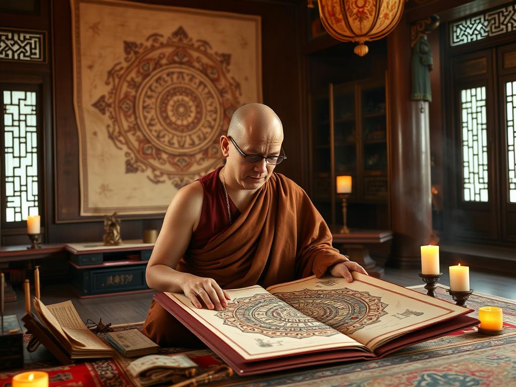 Monge budista estudando mandalas e símbolos sagrados em templo antigo