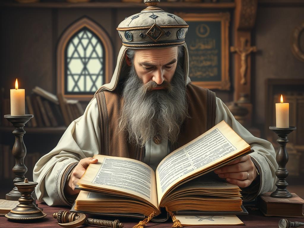 Estudioso religioso interpretando textos sagrados com símbolos místicos