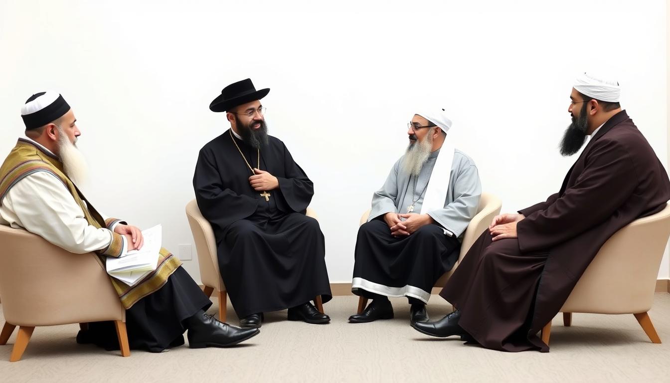 Encontro inter-religioso com líderes das religiões abraâmicas promovendo o diálogo