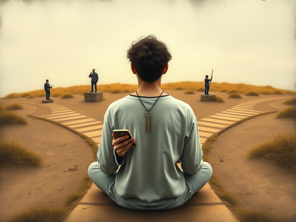 Pessoa em encruzilhada de decisão consultando símbolos espirituais para orientação