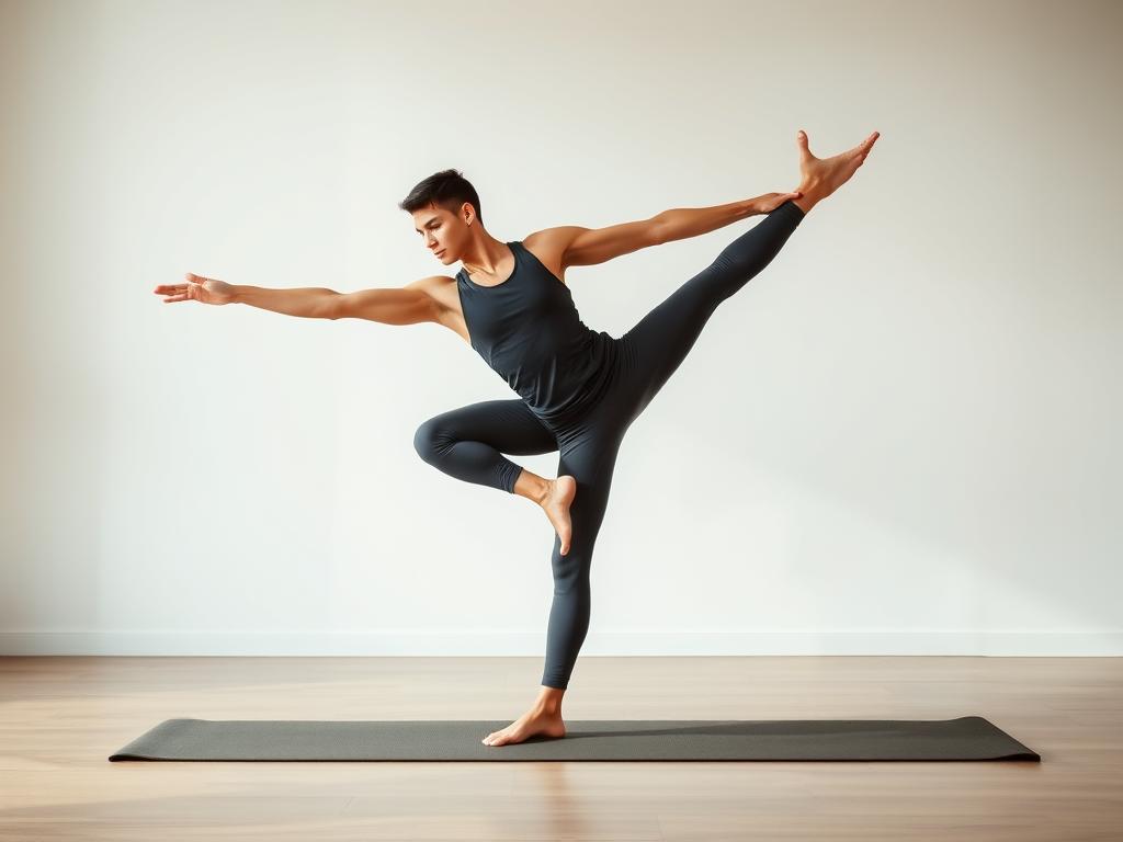 Praticante de yoga realizando asana avançada com concentração e equilíbrio
