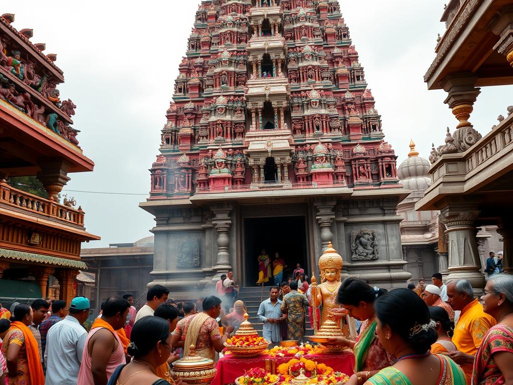 Templo hindu ornamentado com esculturas coloridas de divindades e devotos em ritual