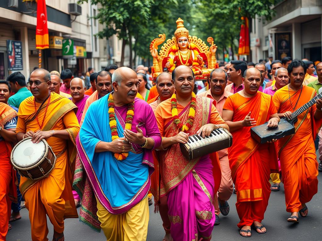 Devotos Hare Krishna em procissão com canto de mantras e instrumentos tradicionais