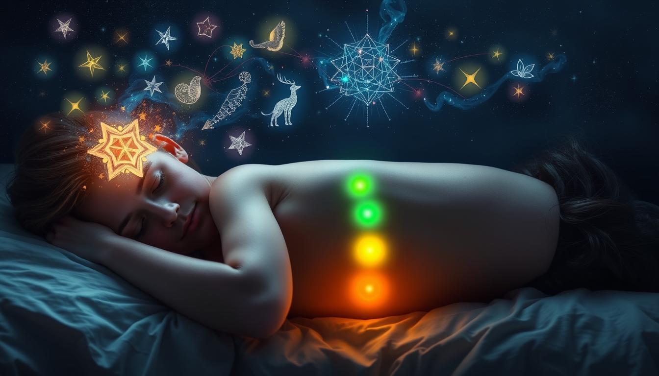 Pessoa dormindo com símbolos oníricos e chakras iluminados