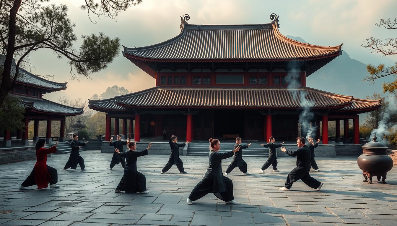 Templo taoísta nas montanhas com praticantes realizando tai chi