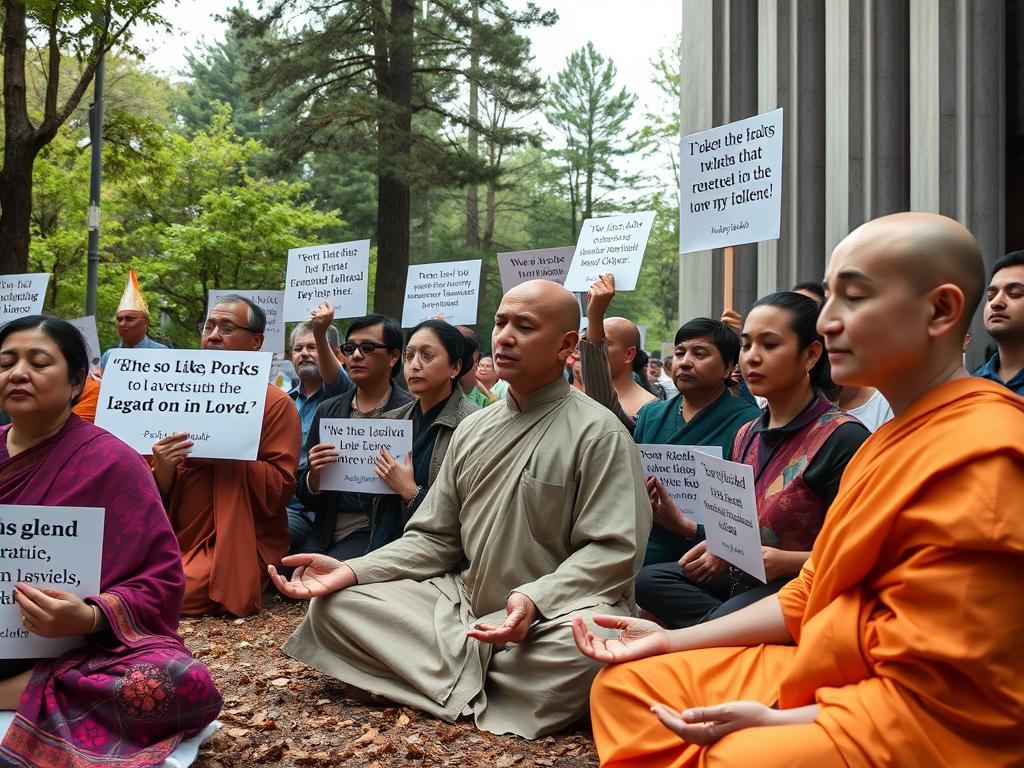 Ativistas ambientais integrando princípios budistas de não-violência em protesto pacífico