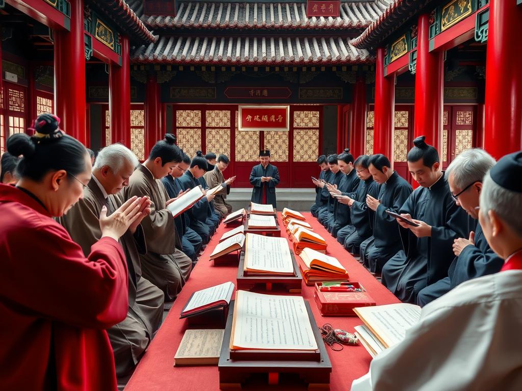 Cerimônia confucionista tradicional com estudos dos clássicos e rituais de respeito