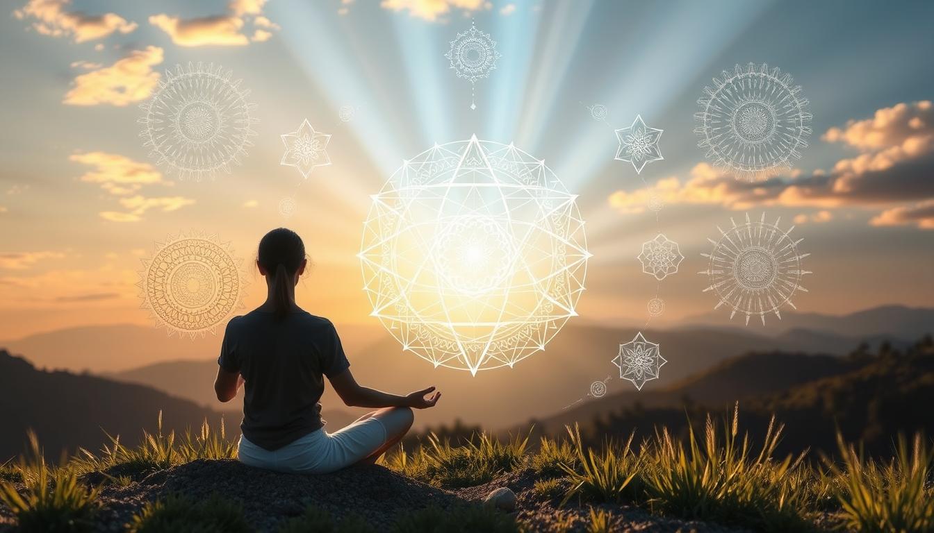 Pessoa meditando em paisagem natural com símbolos espirituais ao redor