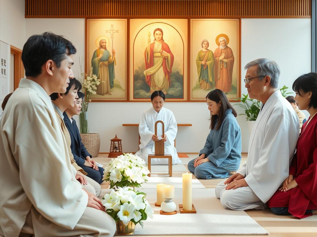 Cerimônia da Seicho-no-Ie com elementos sincréticos e foco no pensamento positivo