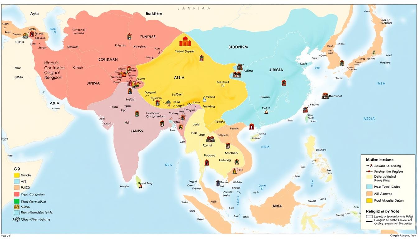 Mapa da Ásia mostrando a distribuição geográfica das principais religiões orientais
