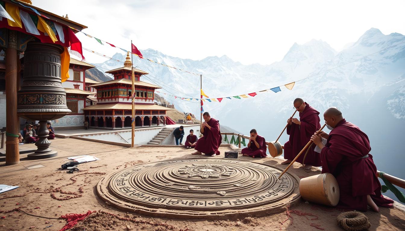 Mosteiro budista tibetano com monges realizando ritual com mandalas e instrumentos