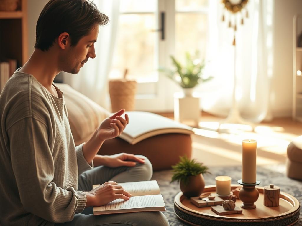 Pessoa realizando ritual matinal com elementos simbólicos de conexão espiritual