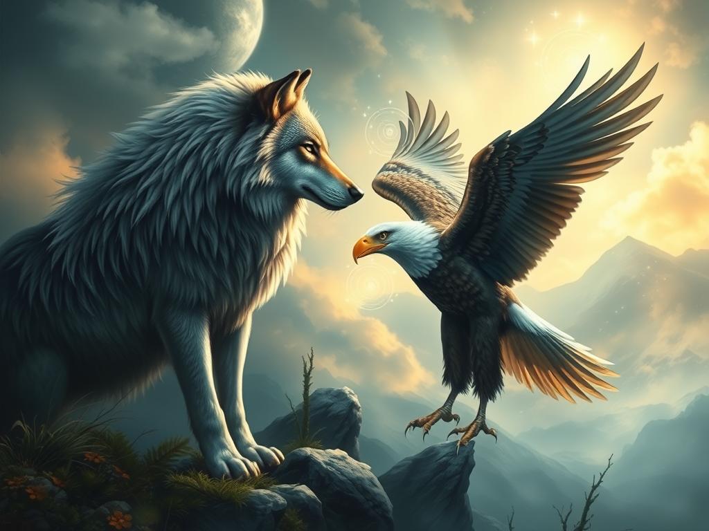 Lobo e águia em paisagem natural representando animais de poder