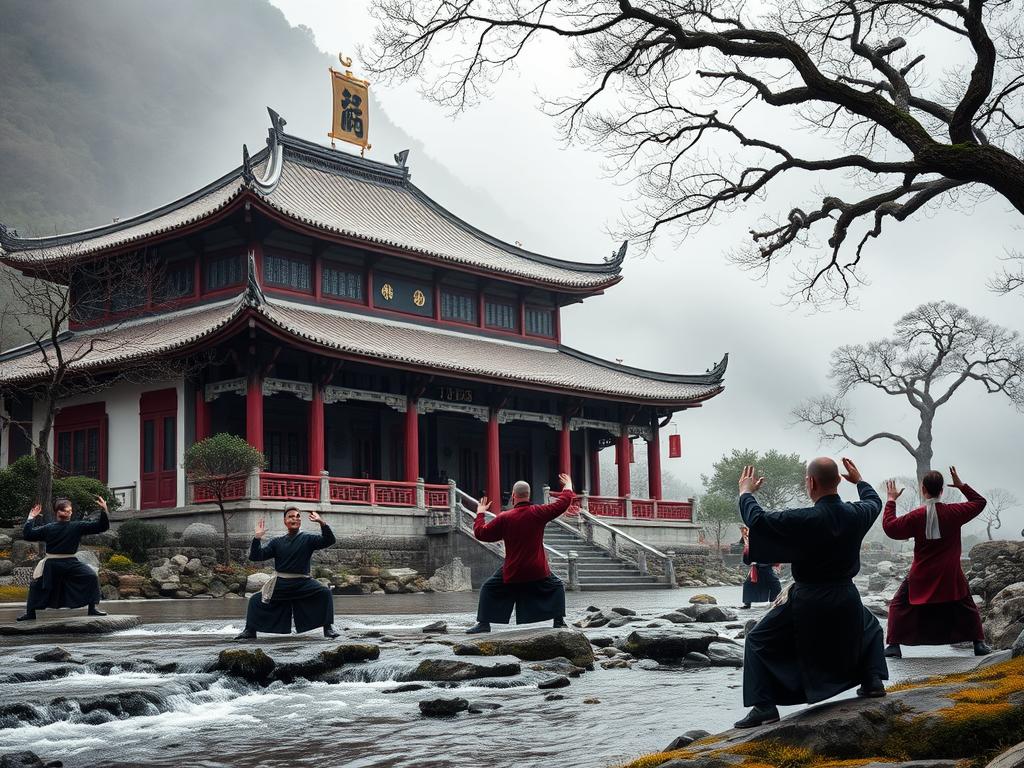 Templo taoísta em montanha com mestres praticando artes internas e meditação