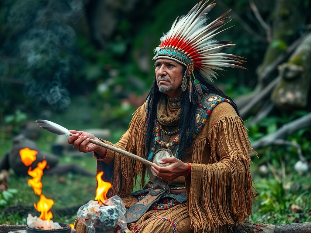 Xamã indígena interpretando símbolos naturais em ritual tradicional